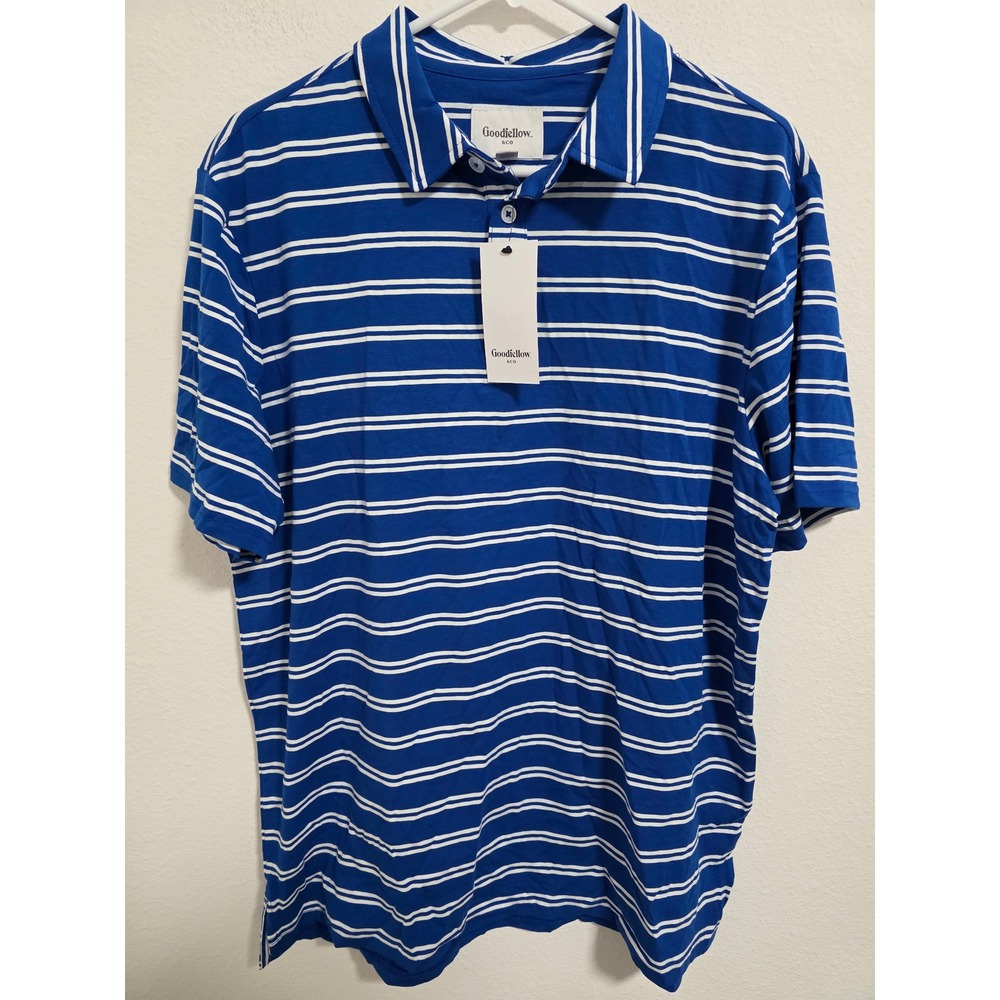 Goodfellow & Co Mens Large Blue‎ White Striped Short Sleeve Polo Shirt NEW